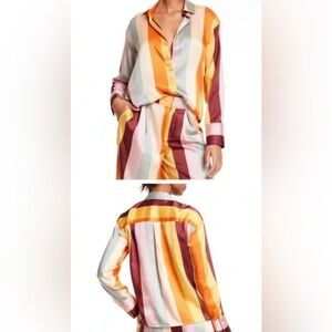 Fe Noel Vertical Gold Pink Mixed Striped Satin Button Up Blouse Shirt 3X